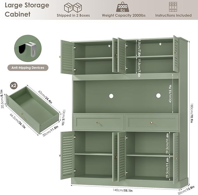 HIFIT 71" Hx55''W Large Kitchen Hutch Storage Cabinet, Farmhouse Coffee Bar Hutch with Microwave Stand, Tall Kitchen Pantry Cabinet with Louvered Doors, 2 Cable Holes, 2 Drawers, Green