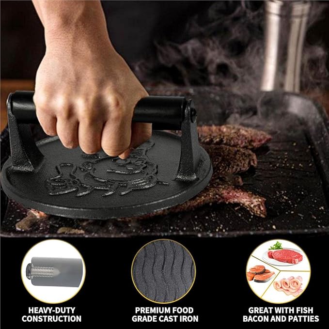 Heavy Duty Cast Iron Smashed Burger Press Kit, 6" Hamburger Smasher with Non-Slip Handles, Bacon Meat Weight Press for Steak, Smashburger, Grill and BBQs