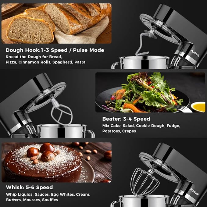 POWWA 6.5 Quart Electric Mixer, 6+1 Speed 660W Tilt-Head Kitchen Food Mixers with Whisk, Dough Hook, Mixing Beater & Splash Guard for Baking, Cake, Cookie, Kneading, ETL Certified (Black)