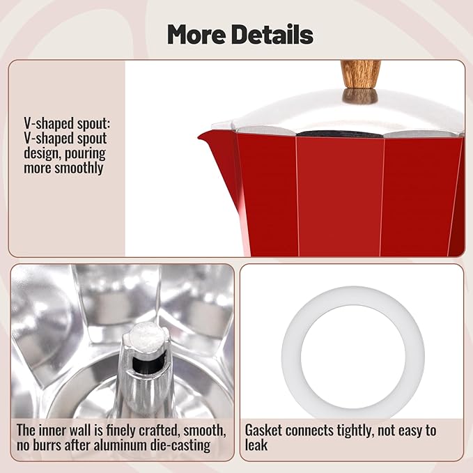 Vaolvpant 9 Cup Aluminum Moka Pot Classic Stovetop Espresso Coffee Maker 450ml 15oz Coffeemaker Percolator Mocha Pot Greca Coffee Maker Cafe Makers for Italian and Cuban Café Brewing Red