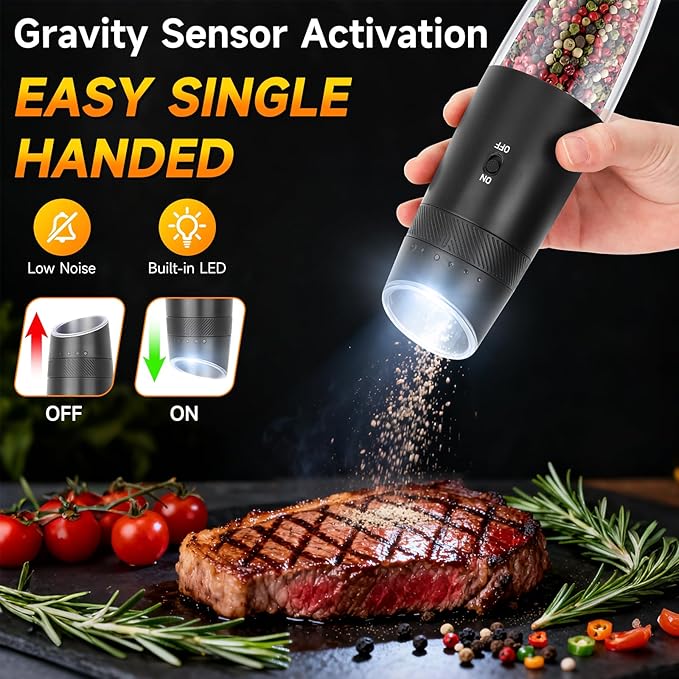 Gravity Electric Salt and Pepper Grinder Set - Automatic Refillable Salt and Pepper Shakers External 6 Levels of Adjustable Coarseness, One-handed Easy Operation,Rechargeable Base LED Light