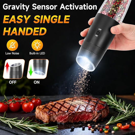 Gravity Electric Salt and Pepper Grinder Set - Automatic Refillable Salt and Pepper Shakers External 6 Levels of Adjustable Coarseness, One-handed Easy Operation,Rechargeable Base LED Light