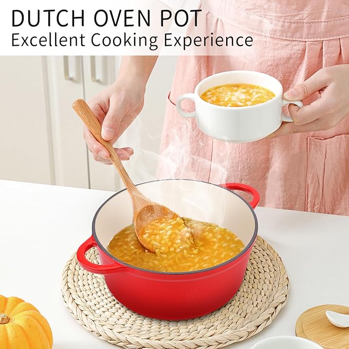CookNexa 6 Quart Enameled Cast Iron Dutch Oven Pot with Lid and Silicone Accessories, Oven Safe up to 500°F or on Stovetop, Non-stick Dutch Oven for Bread Baking, Cooking, Dual Handles Cookware, Red