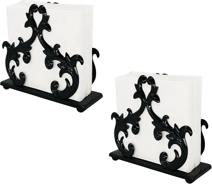 Owlgift Baroque Black Napkin Holder Set of 2 – Decorative Metal Tissue Rack for Tabletop, Mail, or Bill Organizer – 6 x 2 x 5.3 Inches, Glossy Finish for Home or Restaurant Use