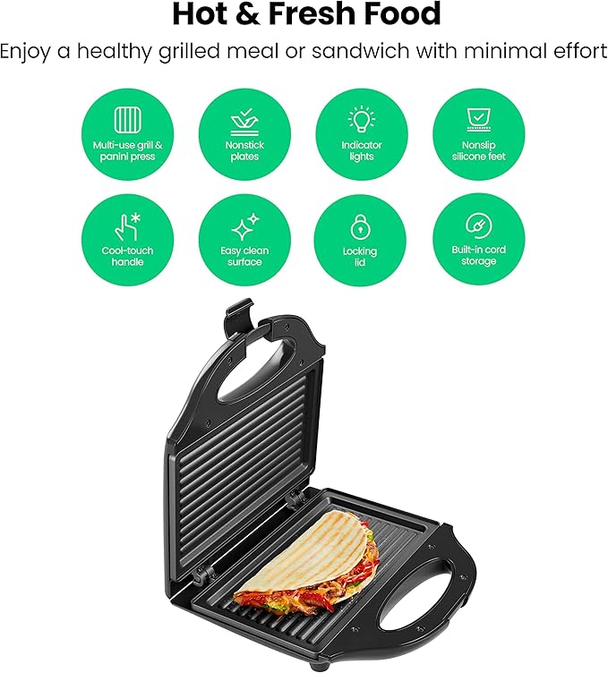 Chefman Portable Compact Grill, Dual Use Panini Press, Sandwich Maker, Electric Grill Griddle, Nonstick, Electric Indoor Grill, Countertop Panini Maker with Cord Storage, Locking Lid, Indicator Lights