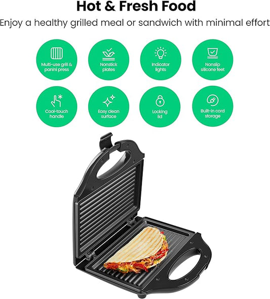 Chefman Portable Compact Grill, Dual Use Panini Press, Sandwich Maker, Electric Grill Griddle, Nonstick, Electric Indoor Grill, Countertop Panini Maker with Cord Storage, Locking Lid, Indicator Lights