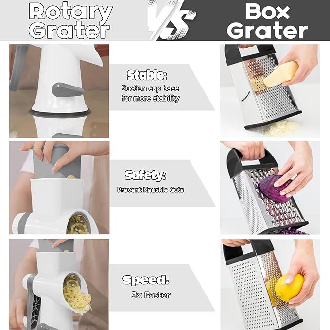 Cheese Grater with Handle,Multifunctional Rotary Cheese Grater,Kitchen Cheese Shredder Can Easily Chop Vegetables,Potatoes,Carrots,Etc.The Suction Cup is Stable and Easy to Clean (white)