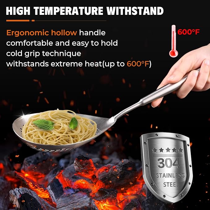MARTE Skimmer Slotted Spoon -17in 304 Stainless Steel Pasta Spider Strainer Skimmer Ladle Spoon for Cooking and Frying - Kitchen Large Metal Scoop Colander Strainer Spoon with Heat Resistant Handle