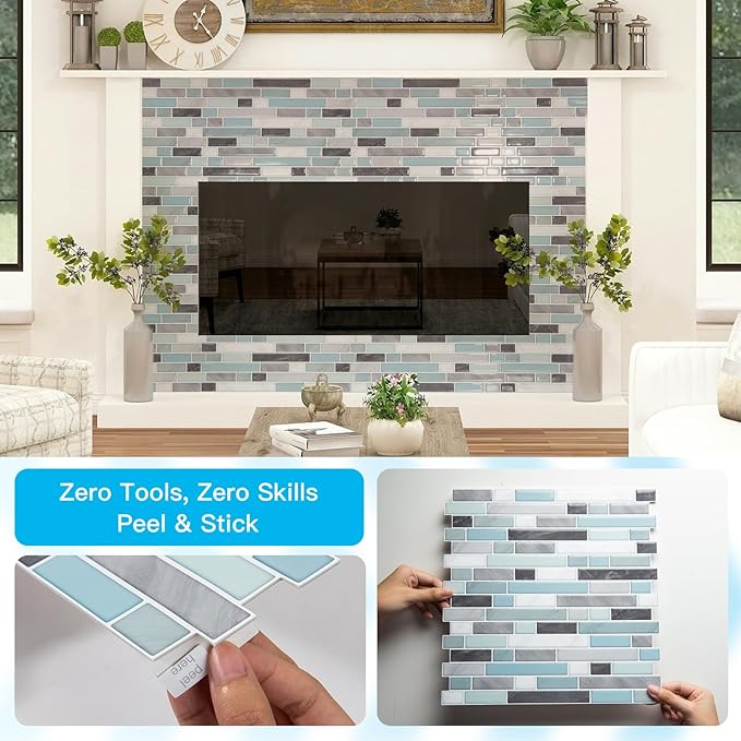 Art3d 10-Sheet Heavy-Duty Peel and Stick Backsplash, Waterproof Wall Tiles Stick on Kitchen Backsplash Living Space, Gray & Blue
