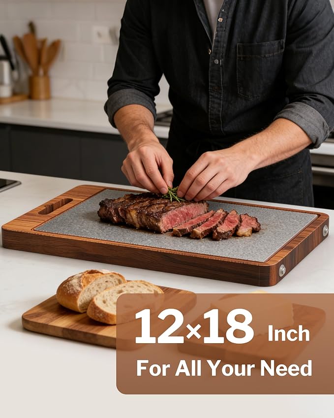 1" Thick Non Slip Dual Sided Cutting Board - Wood &GR1 Titanium, 18" Extra Large with Handle for Hanging, Juice Groove & Non-Slip Feet, Heavy Duty for Professional Kitchen