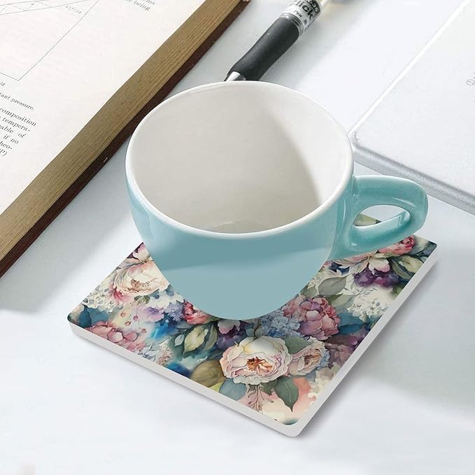 Square-4PCS Floral Drink Coasters, Square Modern Ceramic Absorbent Coasters, Watercolour Abstract Nature Plant Floral Colorful Wildflower Decor Desk Coffee Table Coaster for Beverage Cup Tea Coasters
