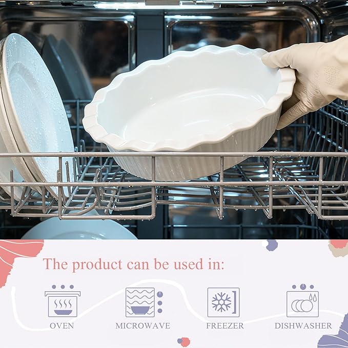 Miicol White Ceramic Pie Pan, 50 oz Ripple Edge Deep Baking Dish, 9 Inch Round Ceramic Pie Plate, Suitable for Quiche, Apple Pie, Meat Pie, Ideal Gift for Baking Lovers