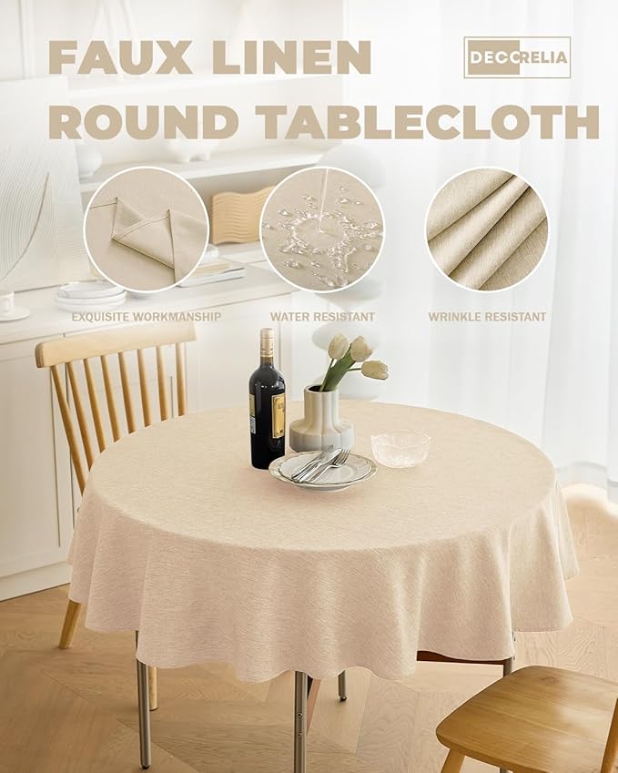 Waterproof Round Tablecloth for Round Dining Table, Decorative Rustic Soft Wipeable Table Cloths Cover Indoor Outdoor Use for Holiday,Wedding, Kitchen (70 Inch,Round (4-6 Seats),Beige)