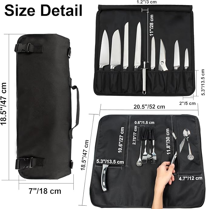 Tosnail Chef Knife Roll Bag with Carry Handle and Shoulder Strap, Large Capacity Kitchen Knife Storage Bag, Portable Knife Carrying Case with Double Folded Design, Black