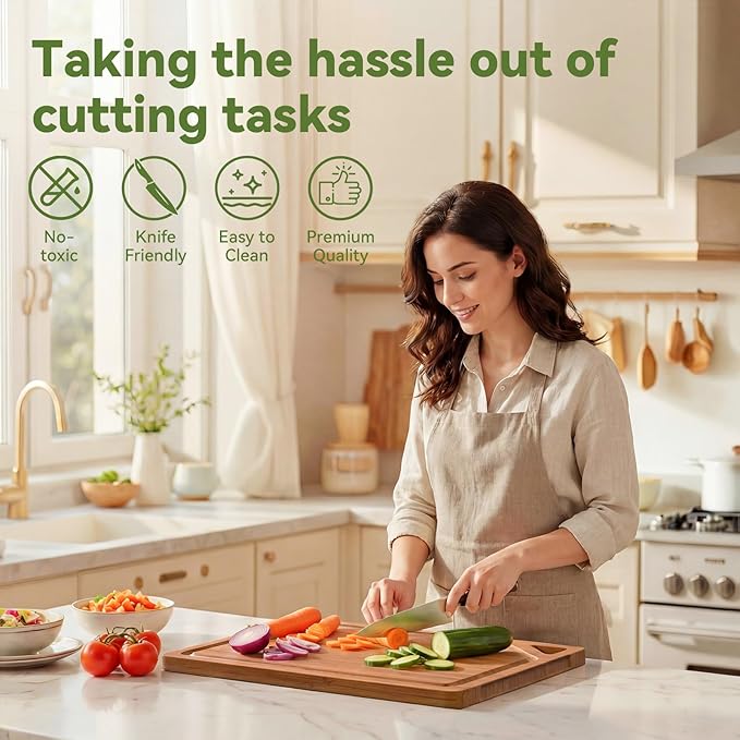 Bamboo Cutting Boards for Kitchen, Wood Cutting Boards with Deep Juice Grooves, 3-Pack Bamboo Cutting Board Set with Holder, Chopping Board & Charcuterie Board for Meal Prep & Serving