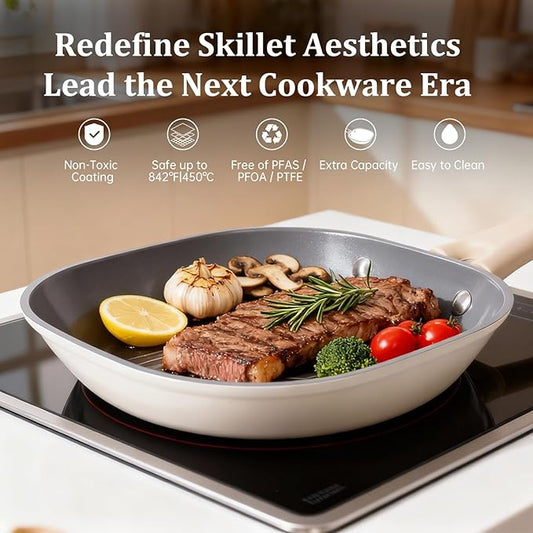8 Inch Ceramic Nonstick Frying Pan Skillet - Dual Ceramic Coating (Inside & Outside), PFAS & PFOA-Free, Induction Compatible, Dishwasher Safe, Stay-Cool Handles, Eco-Friendly & Non-Toxic Cookware