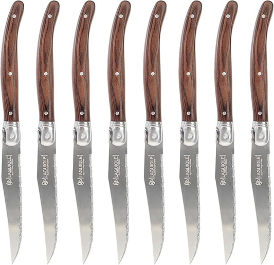 Laguiole Style Steak Knives Set of 6, Serrated Stainless Steel Steak Knife Set, Elegant French Design, Dishwasher Safe, Gift Box for Dinner & BBQ (wood-8)