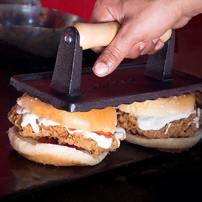 Radicaln Burger Press Rectangle 9" x 4.25" Inches Iron Grill Press with Wooden Handle - Heavy Duty Pre Seasoned - Meat Press, Sandwich & Bacon Press - Burger Press Patty Maker for Kitchen