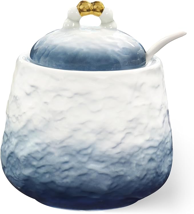 Ceramic Sugar Bowl with Lid and Spoon,12oz Sugar Bowl with Gradient Texture, Sugar Container with Lid and Spoon Sugar Jar for Coffee Station Accessories,Dishwasher & Microwave Safe,Blue