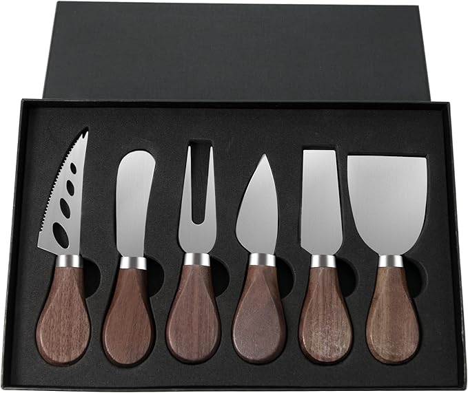 Cheese Knife Set, 6 Pcs Charcuterie Board Accessories - Cheese Knife, Spreader, Fork, Slicer, Cheese Cutter, Butter Knife, Stainless Steel Cheese Knives for Housewarming Gift (Walnut Handle)