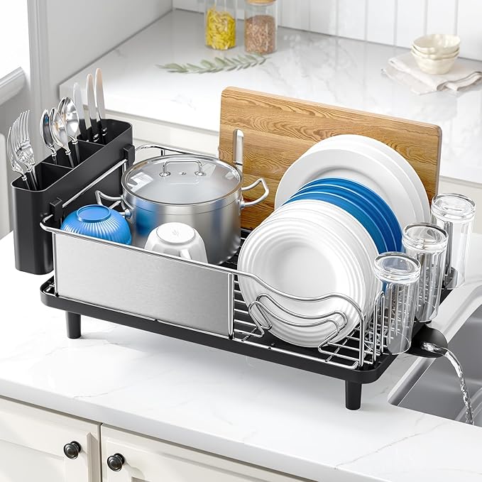 Stainless Steel Dish Drying Rack - Large Capacity Kitchen Counter Organizer with Drain Board, Utensil Holder & Detachable Cup Shelf, Surgical-Grade Rust-Proof Dish Drainer, Easy Assembly