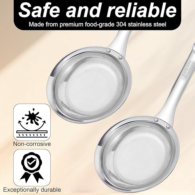 Fine Mesh Stainless Steel Colander Strainer, Skimmer Spoon Strainers with Handle, Fine Mesh Sieve for Cooking Oil, Grease Foam, Food Vegetable Hot Pot (2 Pack, Large+small)