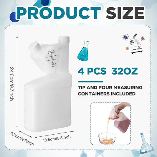4 Pcs 32oz Tip Measure Containers Tip and Pour Measuring Containers Chemical Measuring Cups with Lids Plastic Bottle, up to 4oz Capacity (32oz)