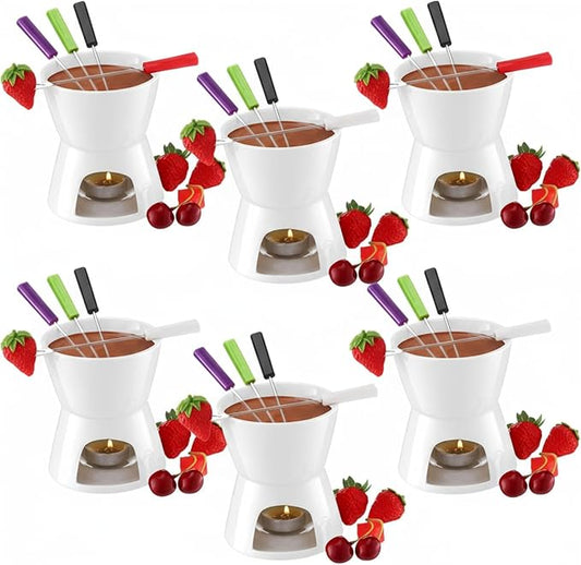 Mudder 6 Pieces Fondue Mug Ceramic Pot and 24 Pieces Forks Set for Melting Chocolate, Cheese, Broth or Tapas on Valentine's Day Gift(White)