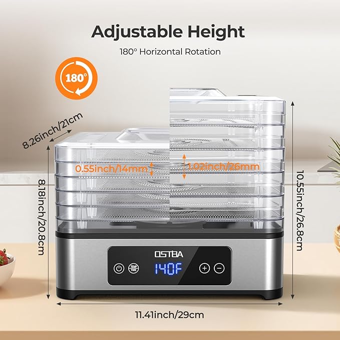OSTBA Food Dehydrator, 5 Stainless Steel Trays, 400W Powerful Drying, 48H Timer & 95–160°F Temp Control, Quiet Small Dryer for Jerky, Fruits, Herbs, Mushrooms, BPA-Free, Recipes Included