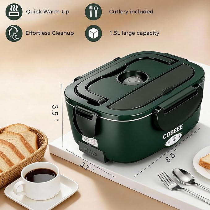 Electric Lunch Box Food Warmer-80W Fast Heating, 1.5L Leak-Proof 304 SS Container,12V/24V Car/Truck & 110V Home/Office, Portable for Drivers/Workers, Ideal for Trips/Work Lunches（Dark-green）