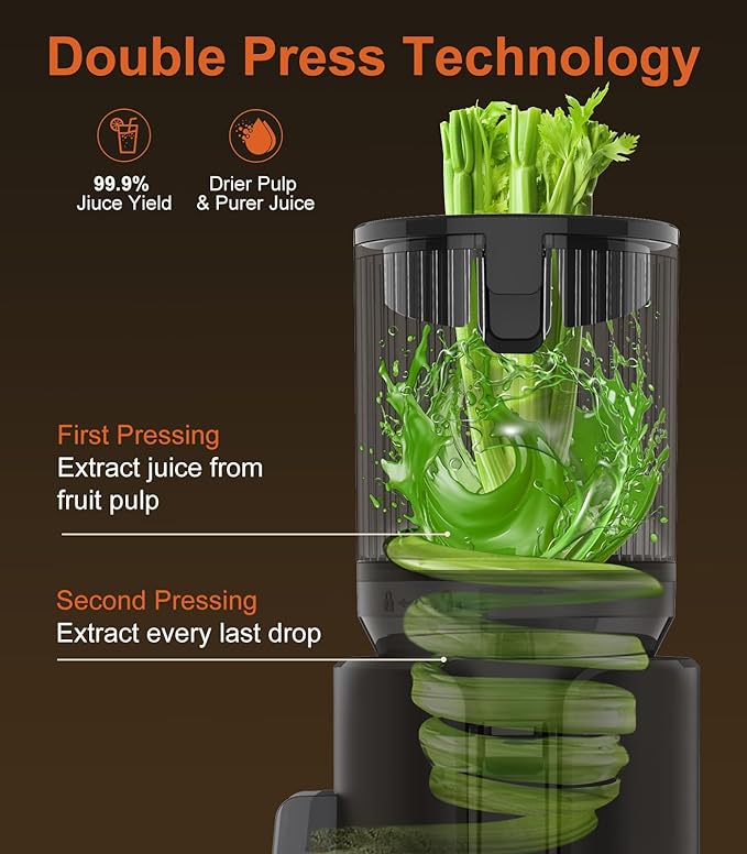 URVIBY Juicer Machines, 5.3" Large Feed Chute Cold Press Juicer with Double Press Technology, 400W Motor, High Juice Yield, Easy to Clean, Masticating Juicer for Whole Vegetables & Fruits, Black