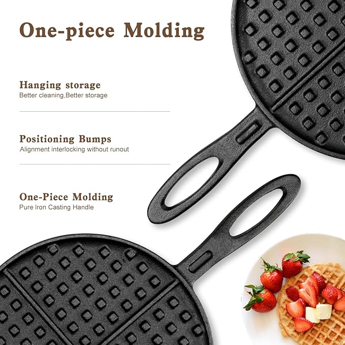 Cast Iron Waffle Cookware Two Piece Hinged Non Electric Waffle Iron for Stovetop or Grill Makes 8" Round Waffles Design Waffle Pan