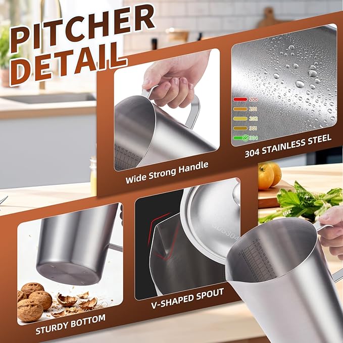 Stainless Steel Water Pitcher with Lid, 2L Stainless Steel Pitcher 8 Cup Metal Measuring Cup with Handle, Large 70 oz Milk Frothing Pitchers for Coffee, Iced Tea, Hot & Cold Water
