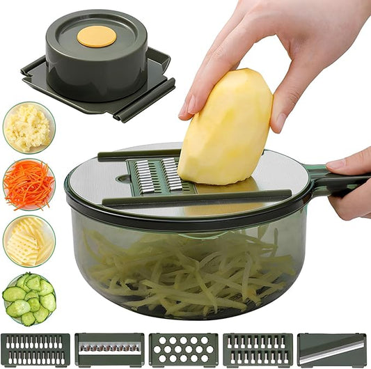 Mandoline Slicer with Hand Protector, Interchangeable Blade Vegetable Slicer Mandoline, Cucumber Slicer with Colander for Potato, Tomato, Carrot (Green)