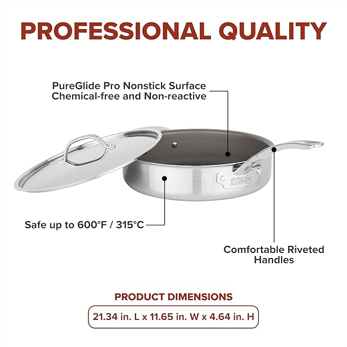 Viking PureGlide Pro 3-Ply Nonstick Sauté Pan with Lid, Made without PFAS, 4.5-Quart Induction Deep Frying Pan with Helper Handle, Metal Utensil Safe Titanium Nonstick Surface, Oven Safe to 600F