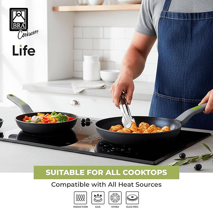 BRA COOKWARE Life 2 Ceramic Nonstick Frying Pan Set | 8+10.2 Inch Recycled Cast Aluminum Skillets | Ceramic Non-Stick Fry Pans | PFOA Free Searing Skillets | All Cooktops | Soft-Touch Handle