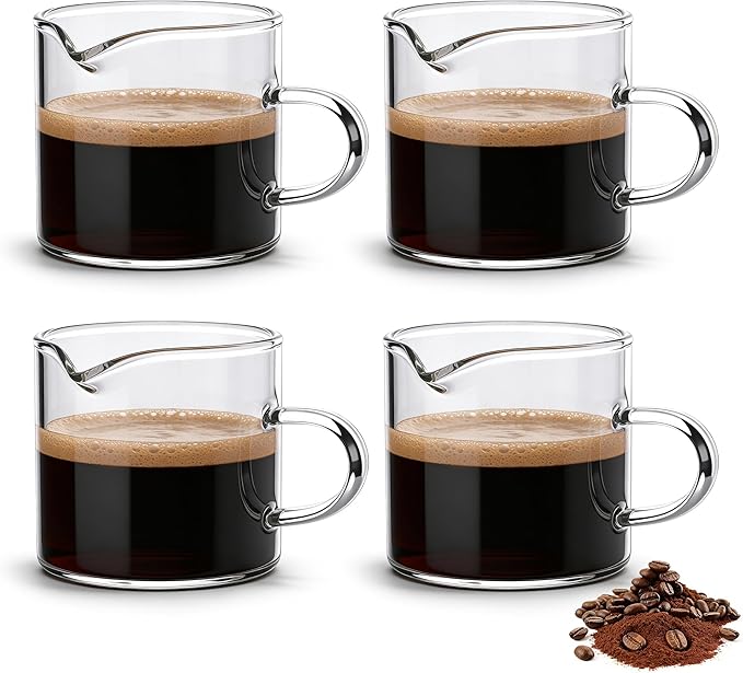 Espresso Cups, Set of 4, Glass Coffee Espresso Cups with Pour Spout, 4 oz, Clear, Dishwasher Safe