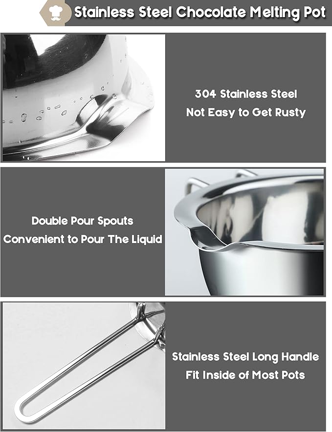 1000ML/1QT Double Boiler Chocolate Melting with 2QT 304 Stainless Steel Pot, Chocolate Melting Pot with Silicone Spatula