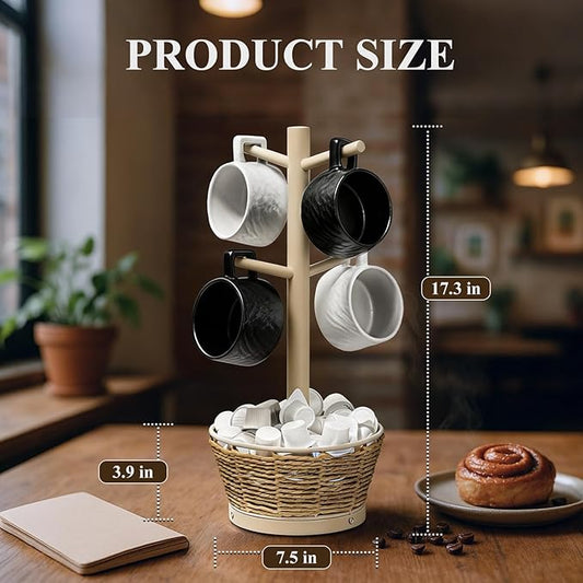 Wood Mug Holder Tree with Woven Basket, 4 Hooks Coffee Mug Holder, Countertop Mug Tree for Kitchen Counter Cabinet Coffee Bar Accessories Cup Display Organizer Hanger(Brown)