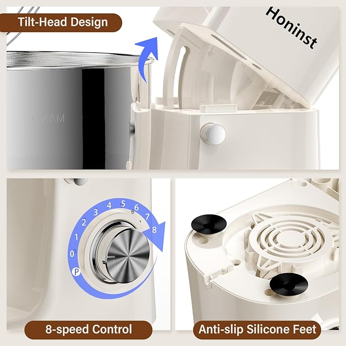 Honinst Stand Mixer, 3-In-1 8-Speed 660W 6.5QT Tilt-Head Food Electric Mixers with Bowl, Dough Hook, Whisk and Beater, Kitchen Mixer for Baking, Cake and Most Home Cooks, Beige