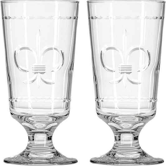 Rolf Glass Fleur De Lis Footed Highball Glass | Set of 2 10oz Footed Cocktail Highball Tumbler | Lead-Free Diamond-Wheel Engraved Glass | Made in the USA