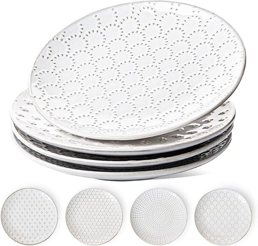 LE TAUCI Ceramic Salad Plates Set of 4, 8 Inch Embossed Dessert Plates for Appetizer and Small Dinner, Modern White Ceramic Plates for Kitchen, Microwave and Dishwasher Safe - Arctic White