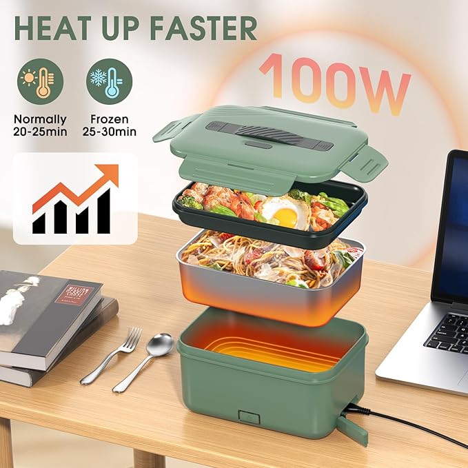 Electric Lunch Box Food Heater Upgrade 3 in 1 Portable Food Warmer 60-100W Leakproof Heated Lunch Box for Adults Car/Truck/Office with 1.8L SS Container Fork Spoon Carry Bag, 12V/24V/110V