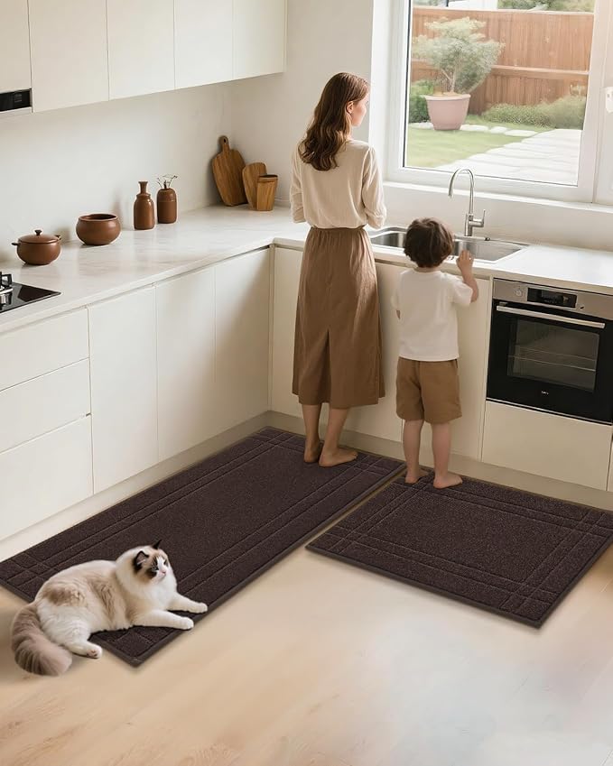 JSEI Kitchen Mats for Floor, Non-Slip Kitchen Rugs, Soft Washable Absorbent Kitchen Mats 2 PCS, Kitchen Runner Rug with TPR Backing, Polyester, 20"x32"+20"x48", Brown