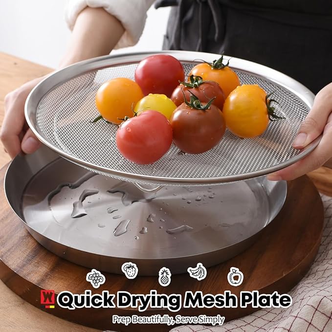 Stainless Steel Mesh Tray Set with Drip Pan, Air Fryer Basket and Tray, Kitchen Colander, Vegetable and Fruit Strainer, Food Filter, BBQ Prep Tool, Fruit Serving Dishes (11.42 inch)