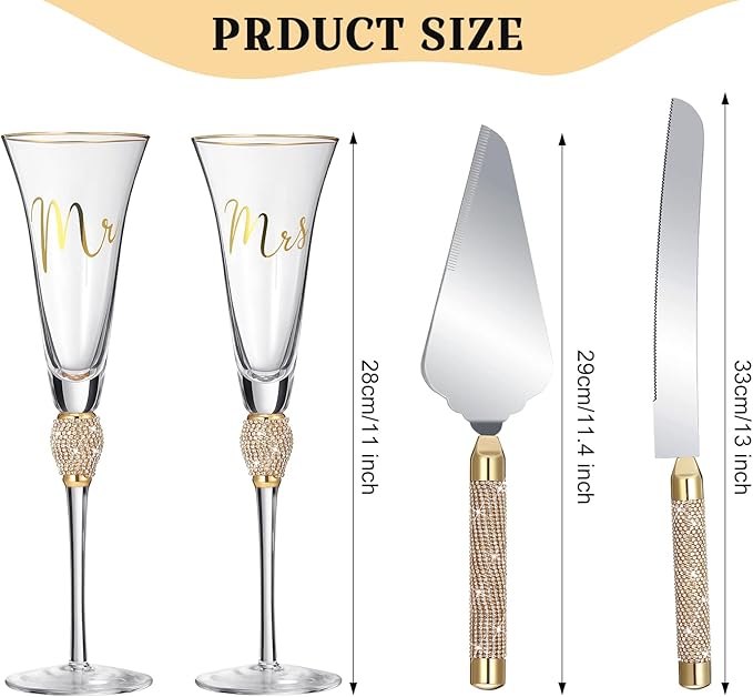 Boao 4 Piece Wedding Champagne Flutes and Cake Knife Server Set Crystal Mr and Mrs Toasting Flutes Rhinestone Cake Cutting Set for Bride and Groom Wedding Engagement Bridal Shower Gifts(Gold)