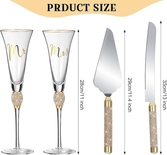 Boao 4 Piece Wedding Champagne Flutes and Cake Knife Server Set Crystal Mr and Mrs Toasting Flutes Rhinestone Cake Cutting Set for Bride and Groom Wedding Engagement Bridal Shower Gifts(Gold)