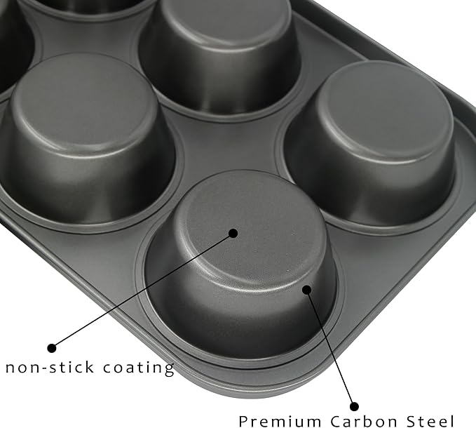 Bakexcel Non-Stick Jumbo Muffin Pans, 6-Cup Set of 2 Baking Pans with a Spatula for Extra-large Muffins & Cupcakes