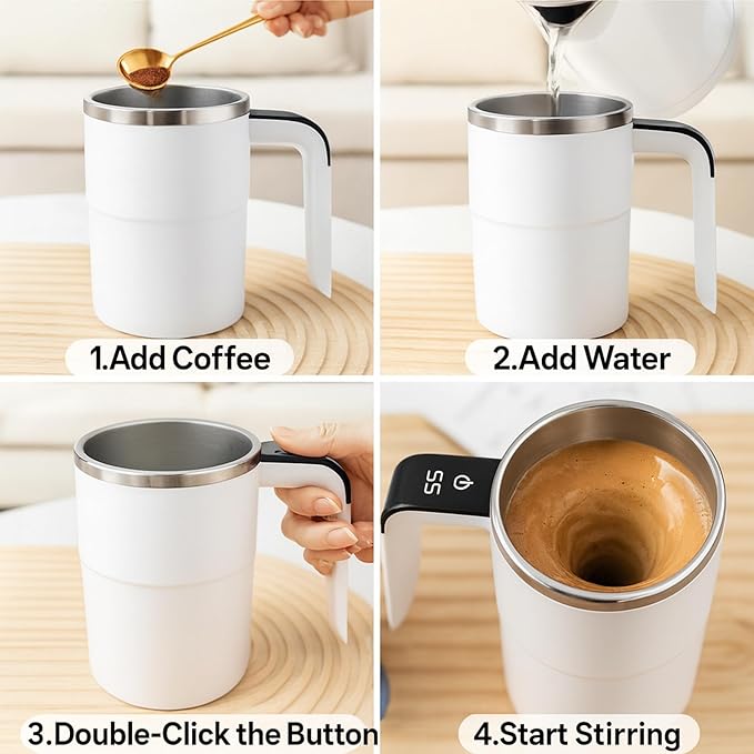 Electric Coffee Mug with a Built-in LCD Thermometer, Perfect for Protein Powder, Brewing Coffee, Milk, Cocoa, Etc, Self Mixing Coffee Mug (White)