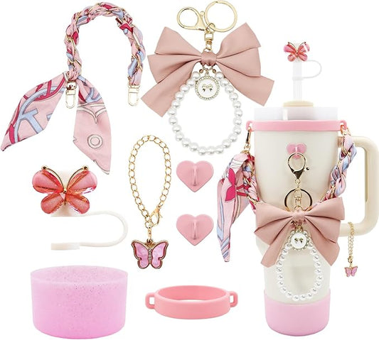 Stanley Cup Accessories Set for 40oz & 30oz Tumbler Including Water Bottle Handle Strap、Bow Keychain、Cup Ring、Bling Silicone Boots、Butterfly Straw Topper、Charm Accessories for Stanley Cup